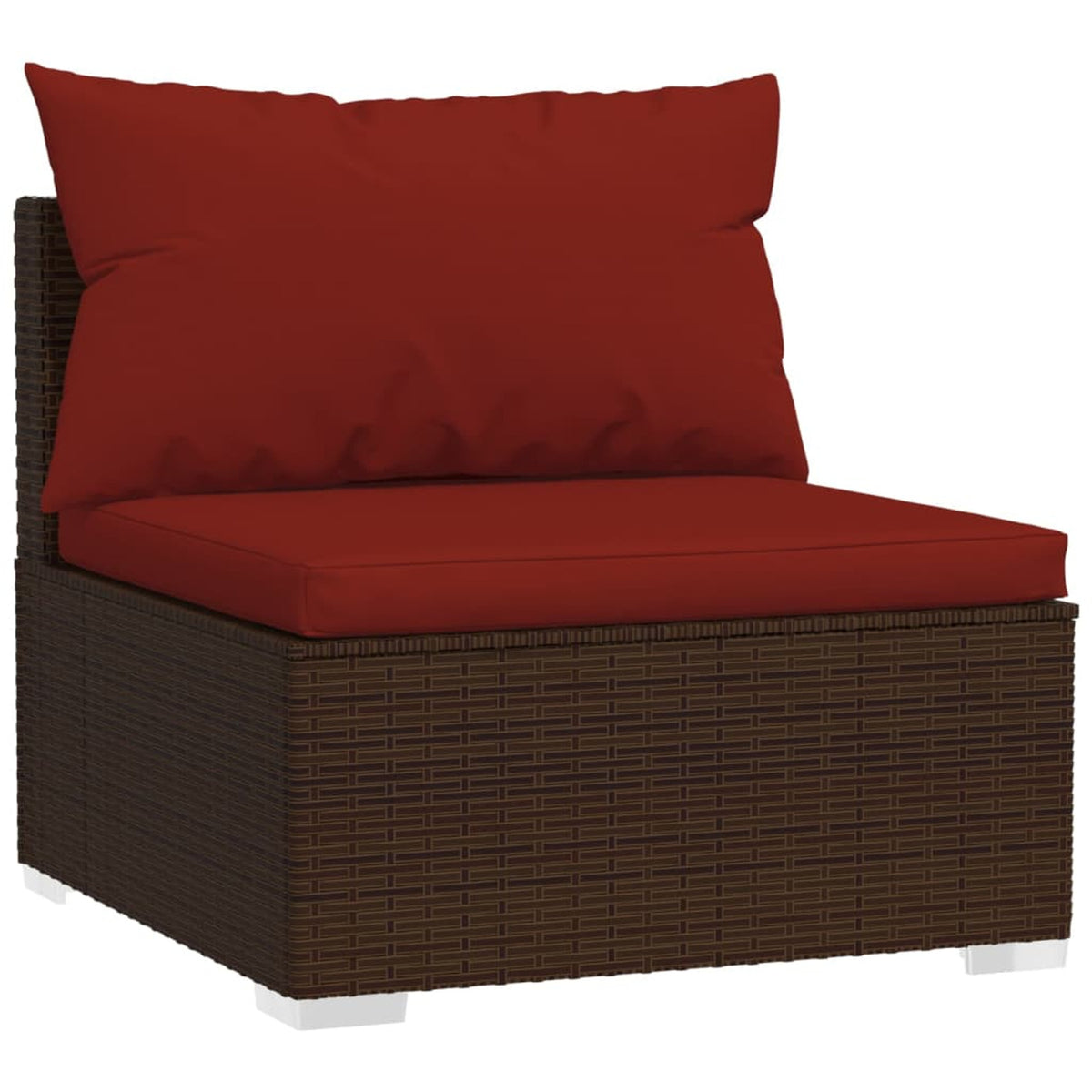 3 Piece Patio Lounge Set with Red Cushions, 2 Middle Sofas and Coffee Table, Brown Poly Rattan Outdoor Sectional Sofa Set Steel Frame N59510