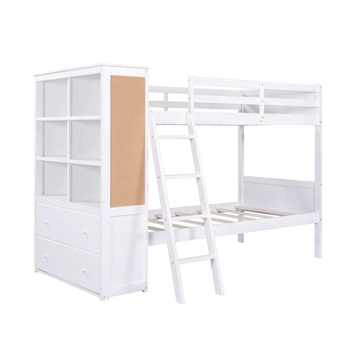 White Twin Over Twin Bunk Bed with Bookcase and 2 Drawers N794