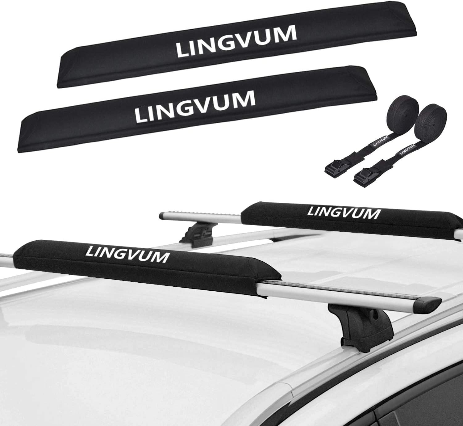 Soft Roof Rack Pads with Two 15 Ft Straps - 28” Car Carrier Racks for Kayak, Surfboard, SUP Paddleboard, Snowboard, Black Pack of 2 W778