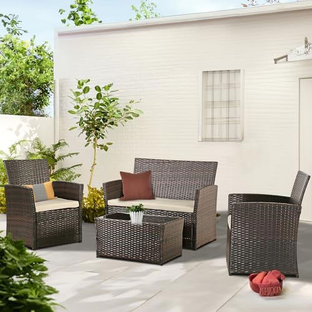 4 Pieces Gray Wicker Rattan Sectional Sofa Set with Table and Loveseat X906298