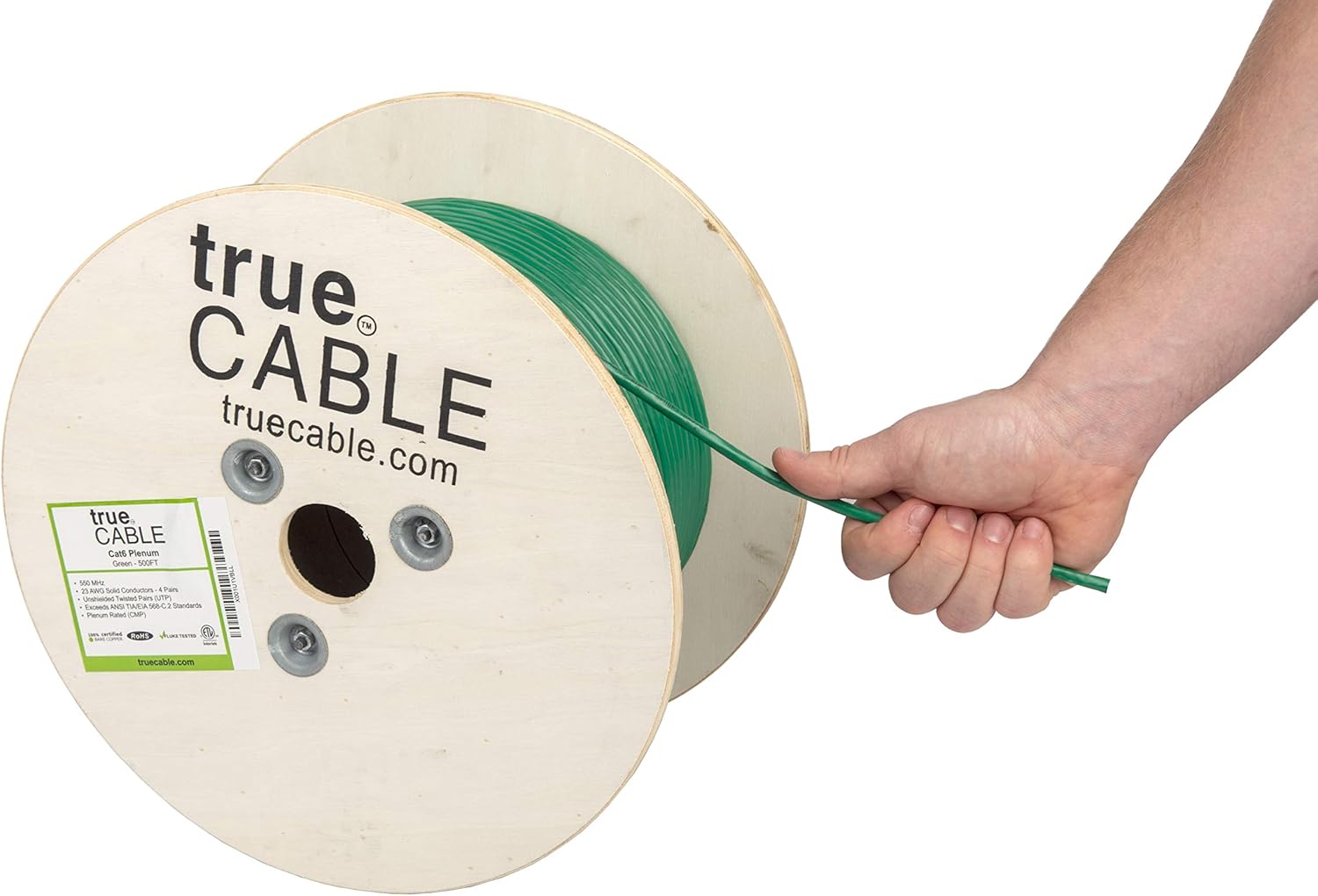 Cat6 Plenum Bulk Ethernet Cable, 500ft, Green, 23AWG 4 Pair Solid Bare Copper, 550MHz, UTP E38022