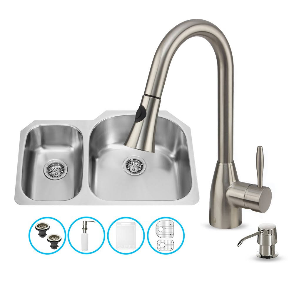 Undermount Stainless Steel Kitchen Sink with Faucet, Two Grids, Two Strainers and Dispenser Y355
