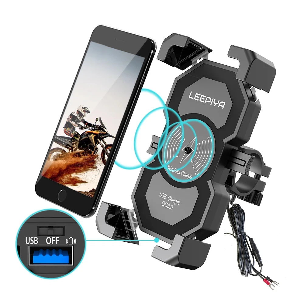 Motorcycle Phone Mount with Wireless and USB Charger 15W Qi Fast Charging Cell Phone Holder L427550