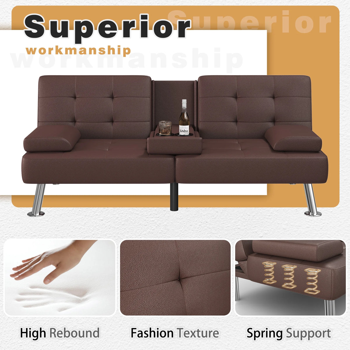 Futon Sofa Bed Faux Leather Convertible Folding Recliner with 2 Cup Holders F46929