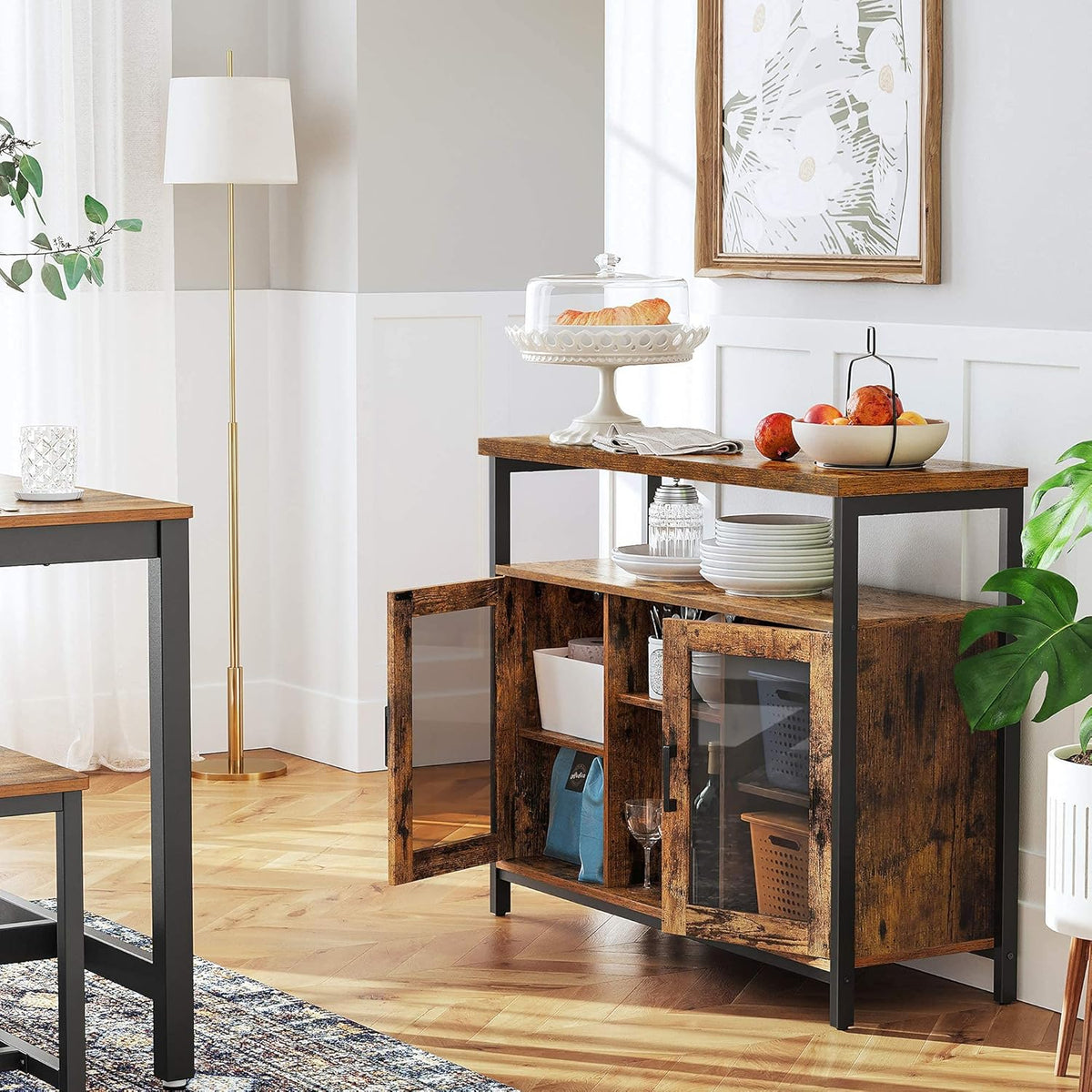 Rustic Brown and Black Buffet Cabinet with Glass Doors L907394