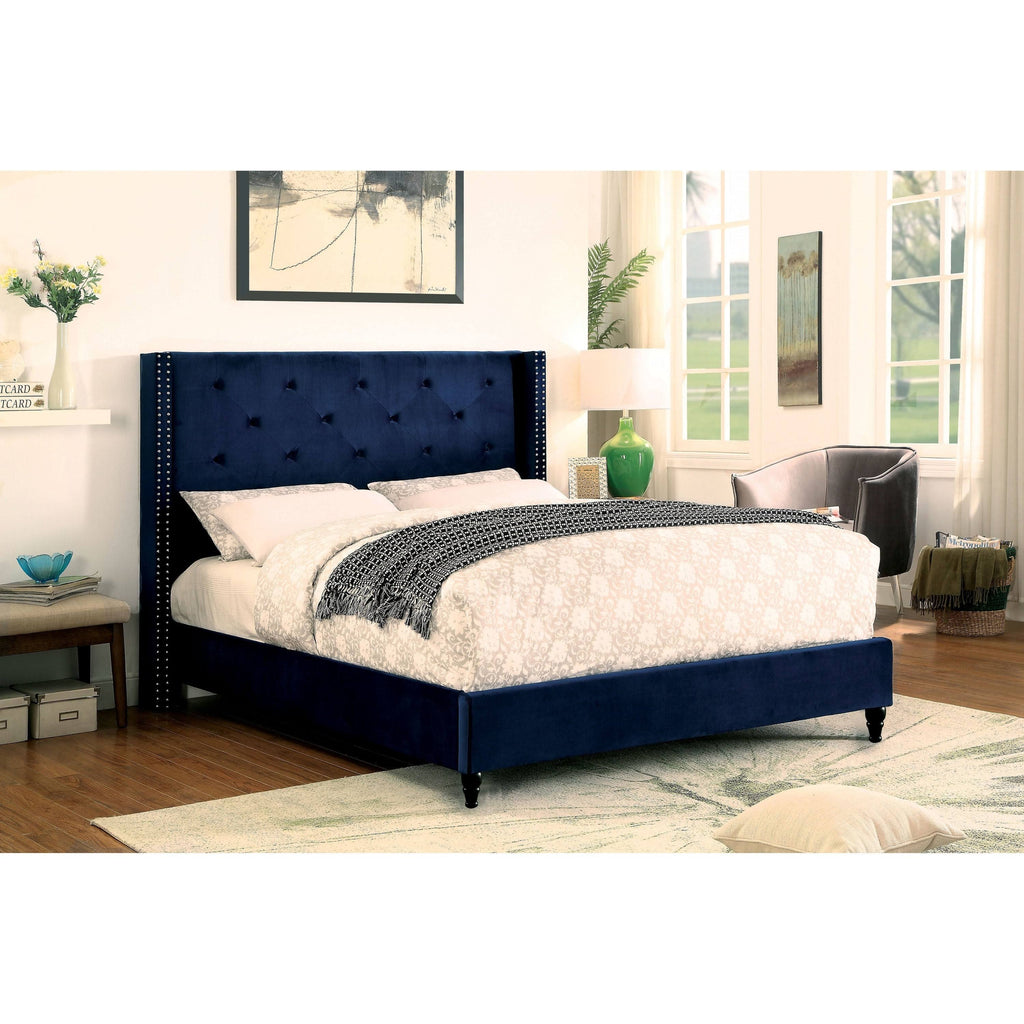 Blue Fabric Tufted Platform Bed U1302