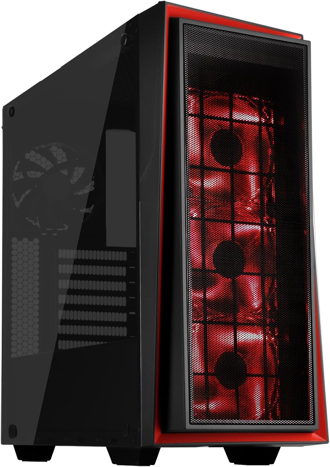 ATX Tower Computer Case with Three 120mm Red LED Intake Fans in Black and Red with Side Panel Window I513396