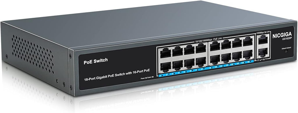18 Port Gigabit PoE Switch with 16 Ports PoE+@250W, 2 Uplink Ports, Metal Case, RackMount P105