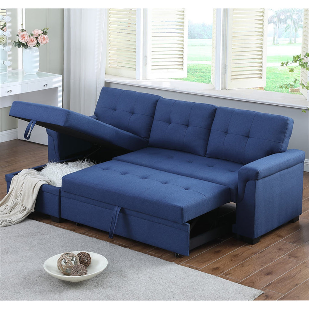 Blue Linen Reversible Sleeper Sectional Sofa with Storage Chaise U6549