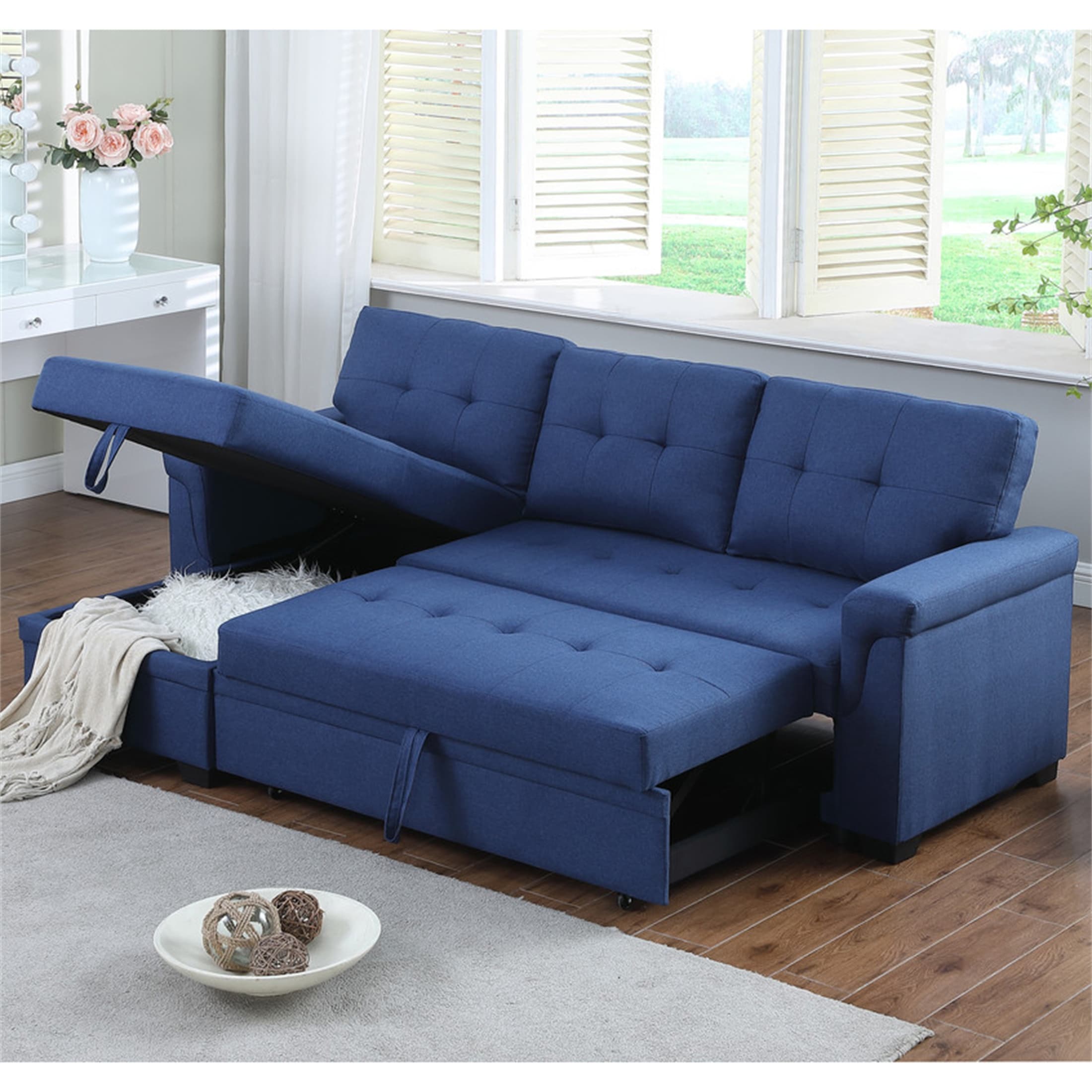 Blue Linen Reversible Sleeper Sectional Sofa with Storage Chaise U6549