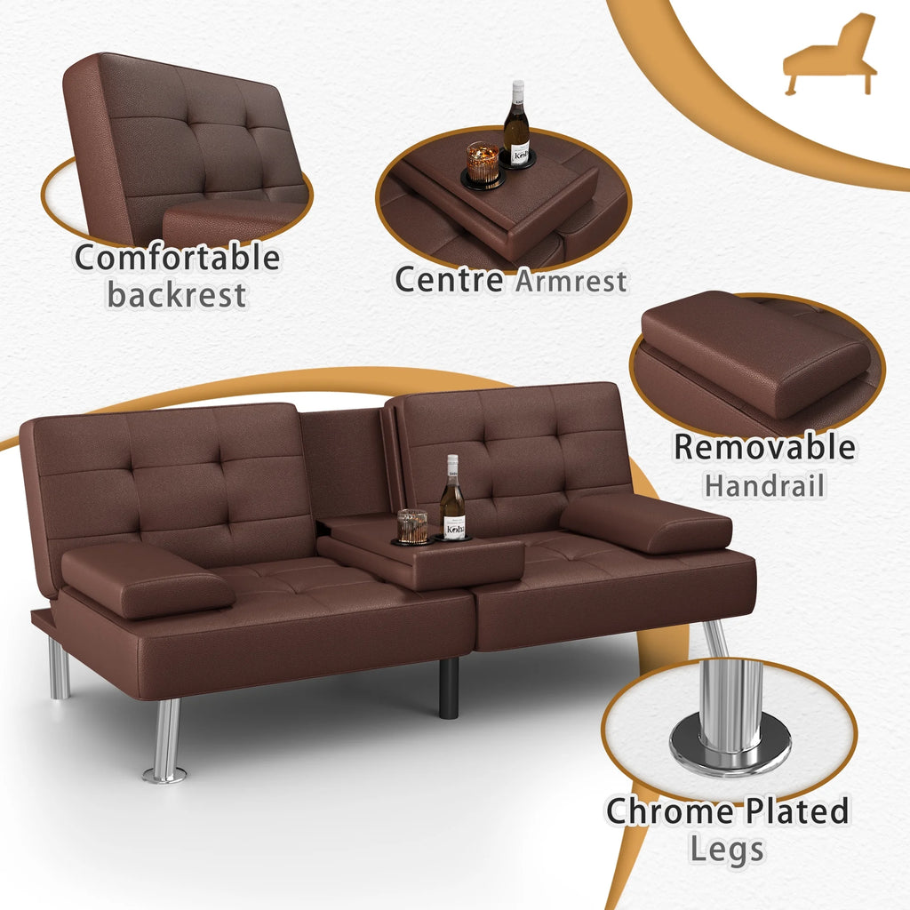 Futon Sofa Bed Faux Leather Convertible Folding Recliner with 2 Cup Holders F46929