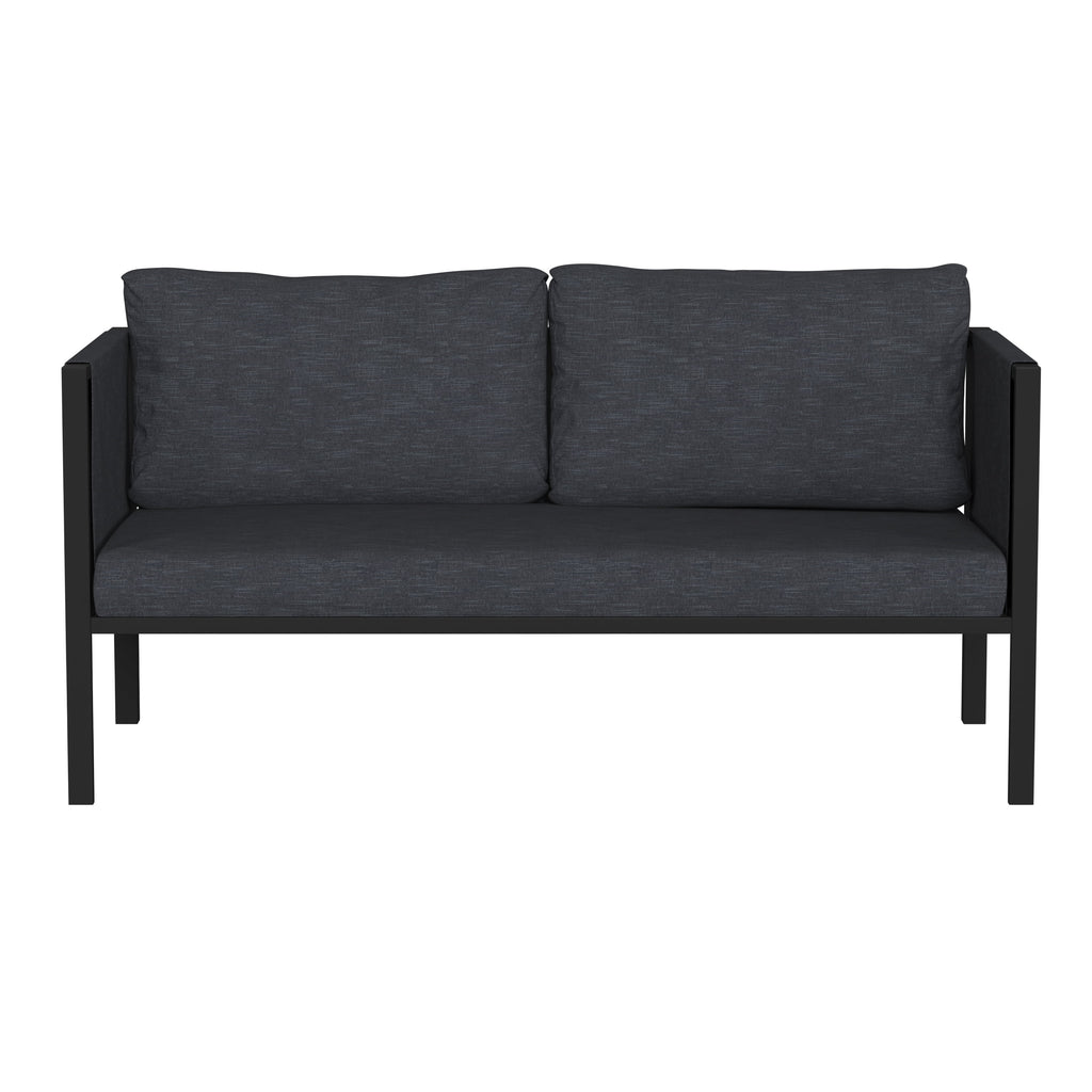 Black Steel Framed Patio Loveseat with Charcoal Cushions and 2 Storage Pockets L667895