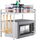 Expandable White Microwave Oven Rack Shelf Storage Stand, 2 Tiers with 3 Hooks J283402