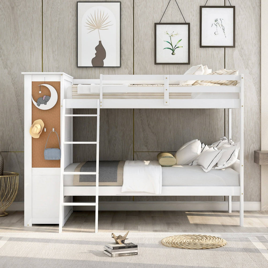 White Twin Over Twin Bunk Bed with Bookcase and 2 Drawers N794