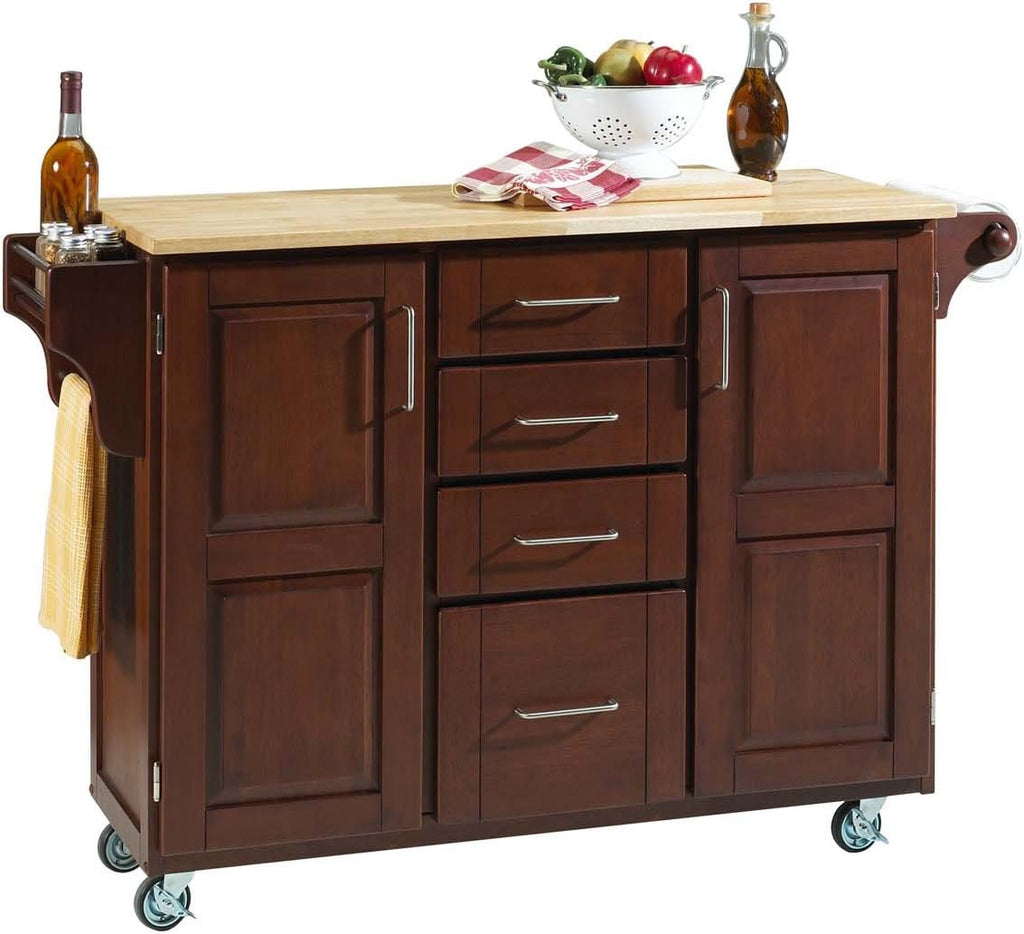 Warm Oak 2 Door Cabinet Kitchen Cart with Natural Wood Top L57971
