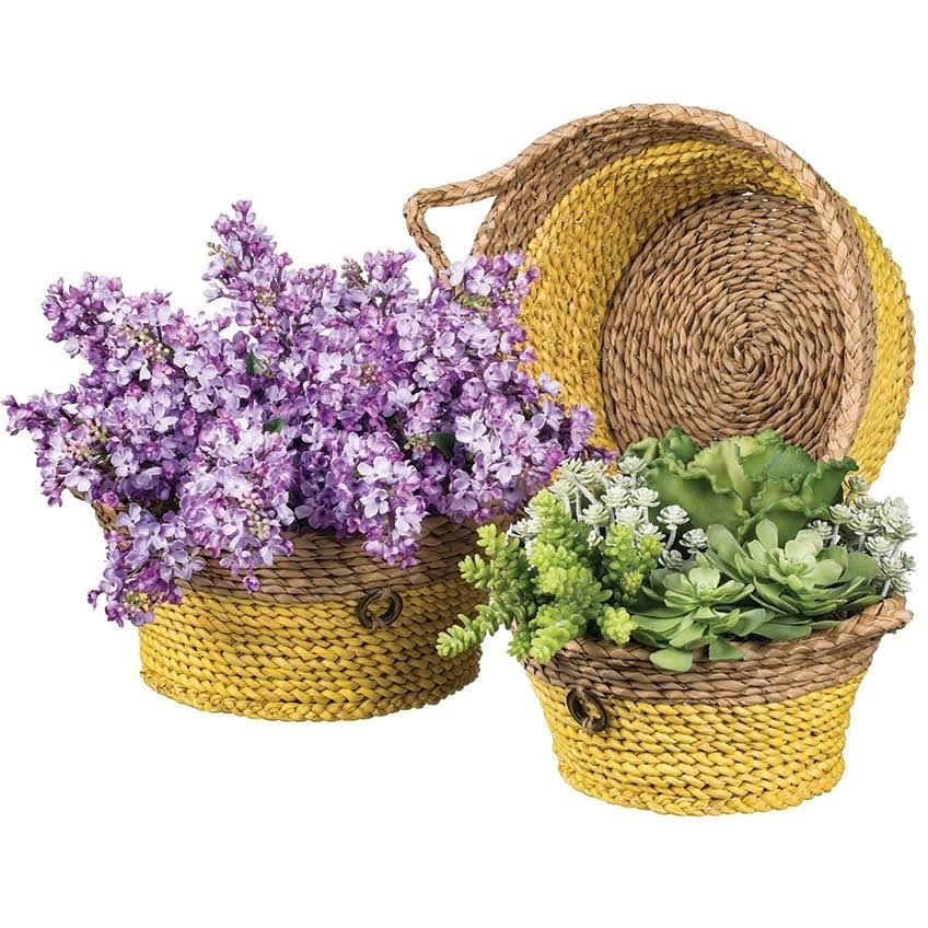 Yellow & Natural Round Woven Baskets with Handles, Set of 3 I427