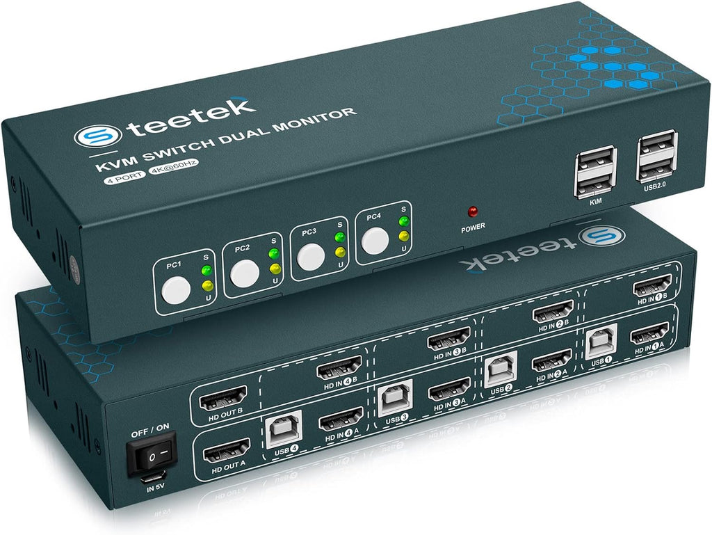 KVM Switch Dual Monitor 4 Port HDMI 4K@60Hz 4 in 2 Out J1998