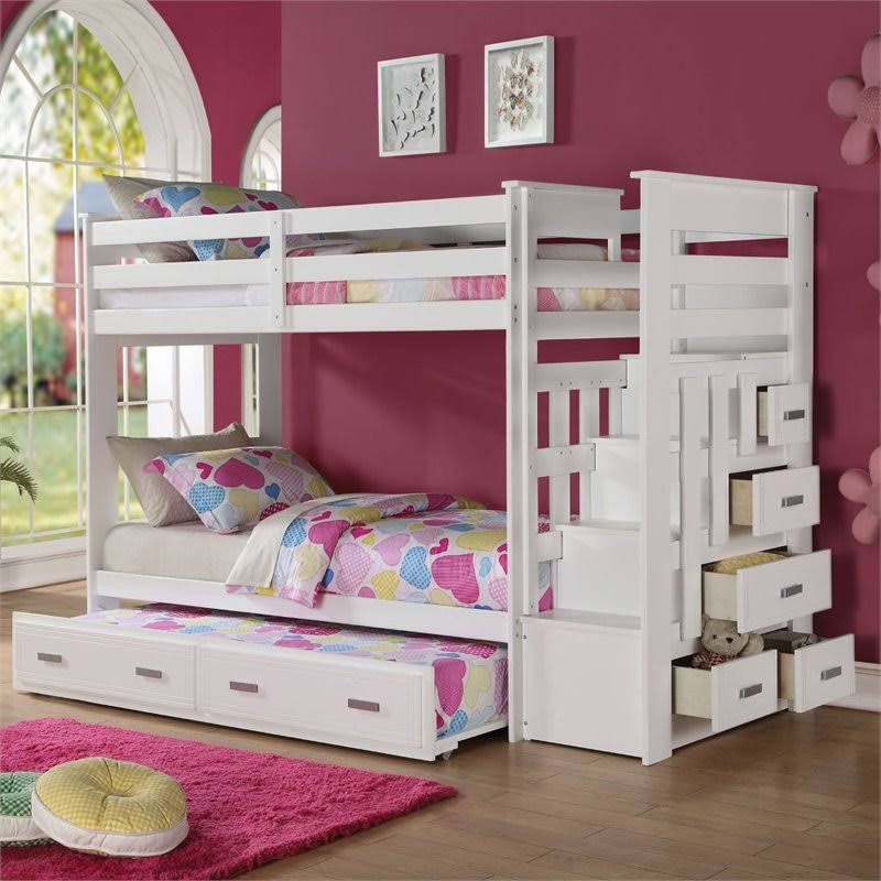 White Twin Over Twin Bunk Bed with Trundle G85304