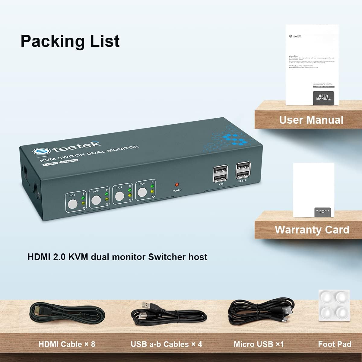 KVM Switch Dual Monitor 4 Port HDMI 4K@60Hz 4 in 2 Out J1998