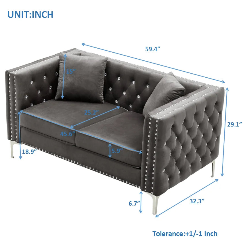 Tufted Velvet Loveseat with 2 Pillows Metal Legs O491111