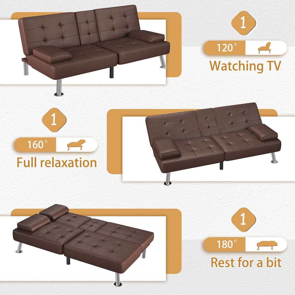 Futon Sofa Bed Faux Leather Convertible Folding Recliner with 2 Cup Holders F46929