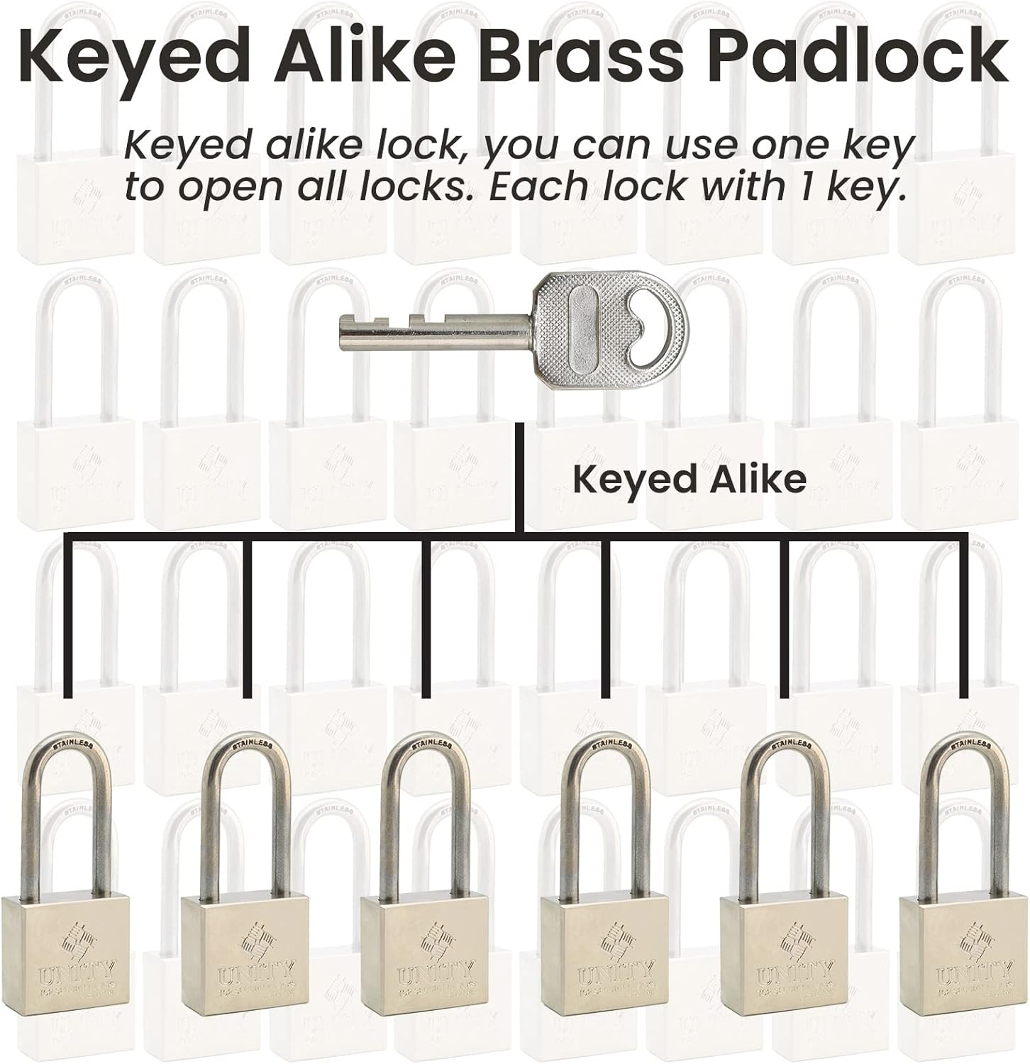 24 Pack Brass Keyed Alike Padlock with Long Shackle M345473