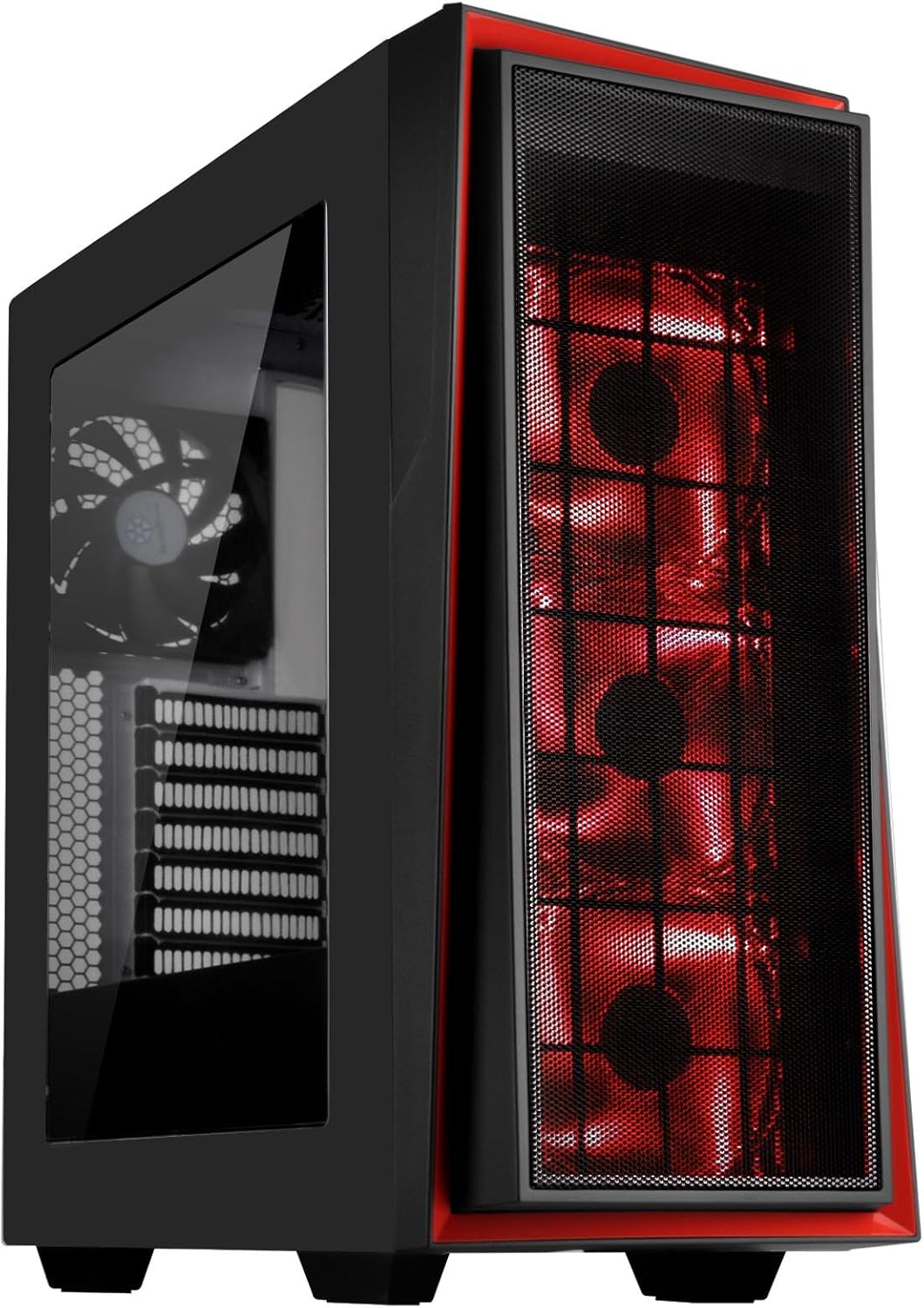 ATX Tower Computer Case with Three 120mm Red LED Intake Fans in Black and Red with Side Panel Window I513396