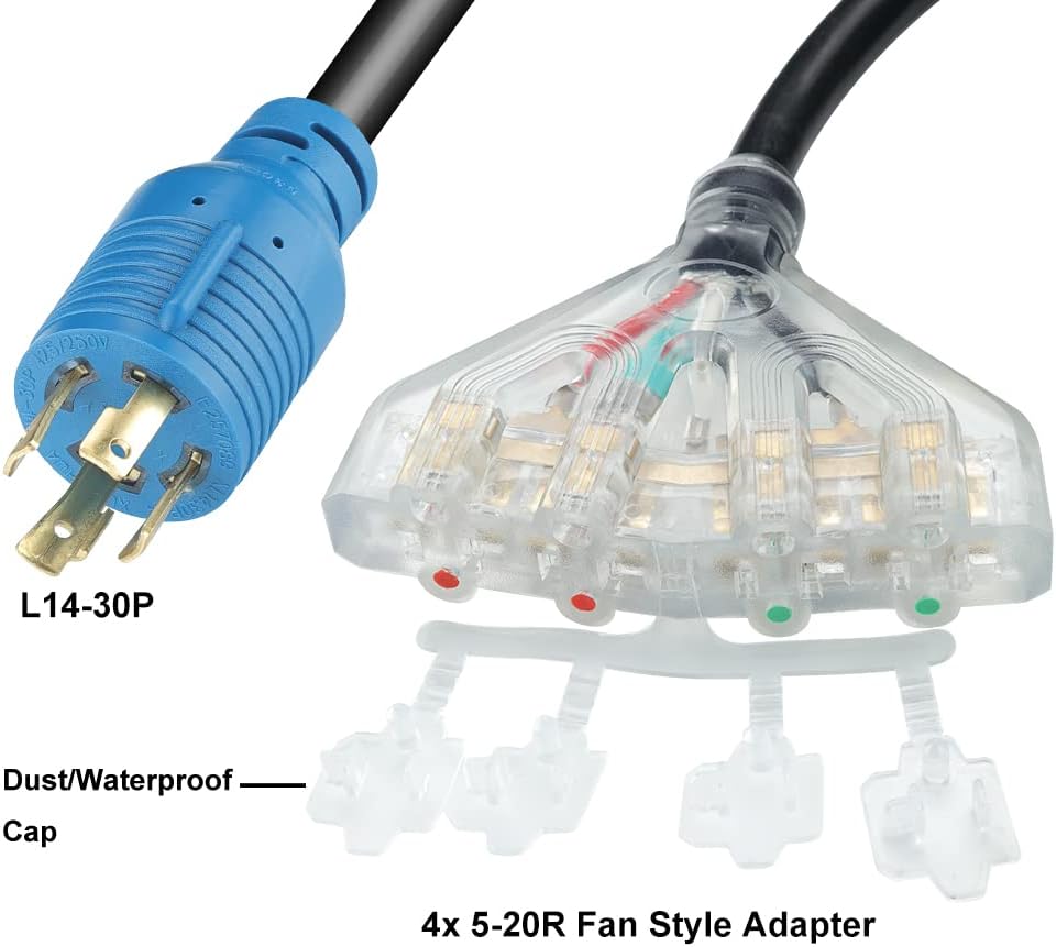 25 Feet 30 Amp 10 Gauge 4 Prong Generator Extension Cord 125/250V 7500W Pack of 2 K28656