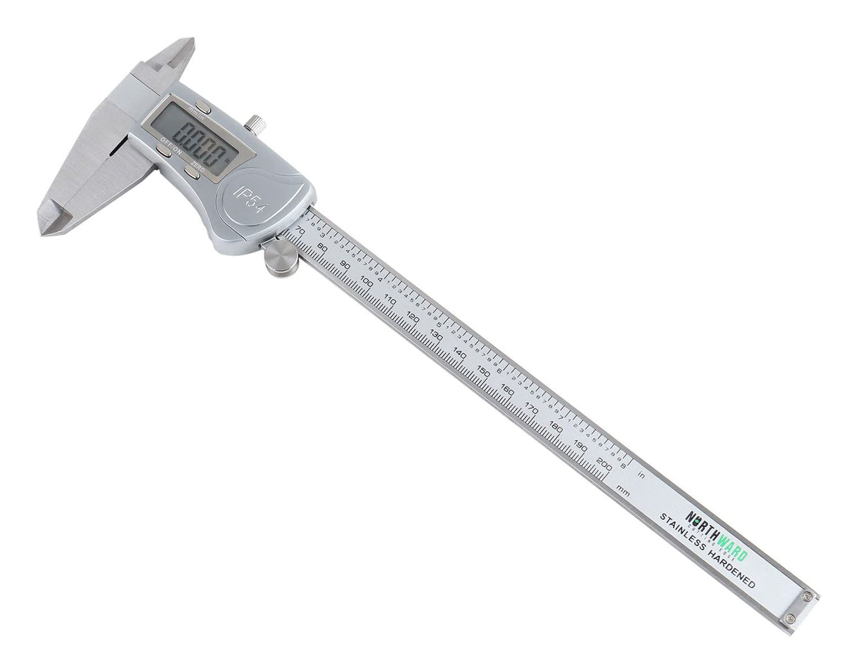 Digital Caliper, 0-8''/0-200 mm Range, 0.0005''/0.01 mm Resolution, Large LCD, Ip54 Water Resistant S608726