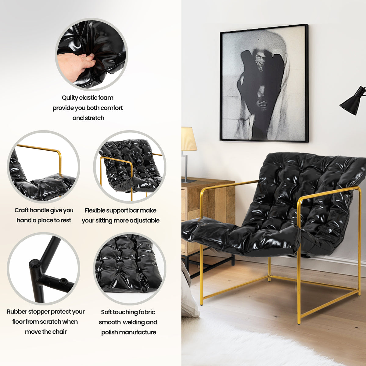 Black Faux Leather Sling Chair with Gold Metal Frame M757401