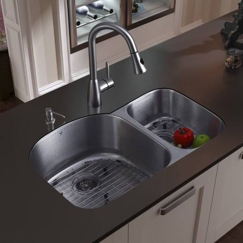 Undermount Stainless Steel Kitchen Sink with Faucet, Two Grids, Two Strainers and Dispenser Y355