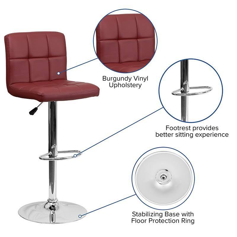 Burgundy Quilted Vinyl Adjustable Height Barstool with Chrome Base J979942