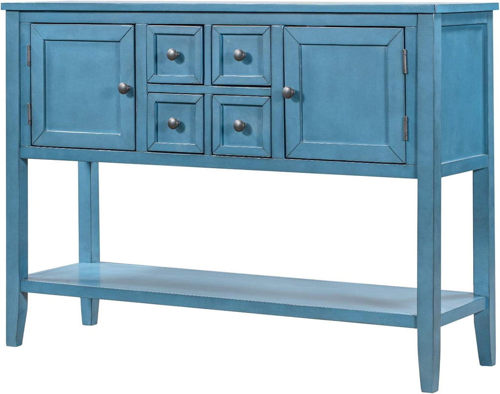 Retro Wood Console Table with 4 Storage Drawers, 2 Cabinets & Bottom Shelf, Antique Gray T719558