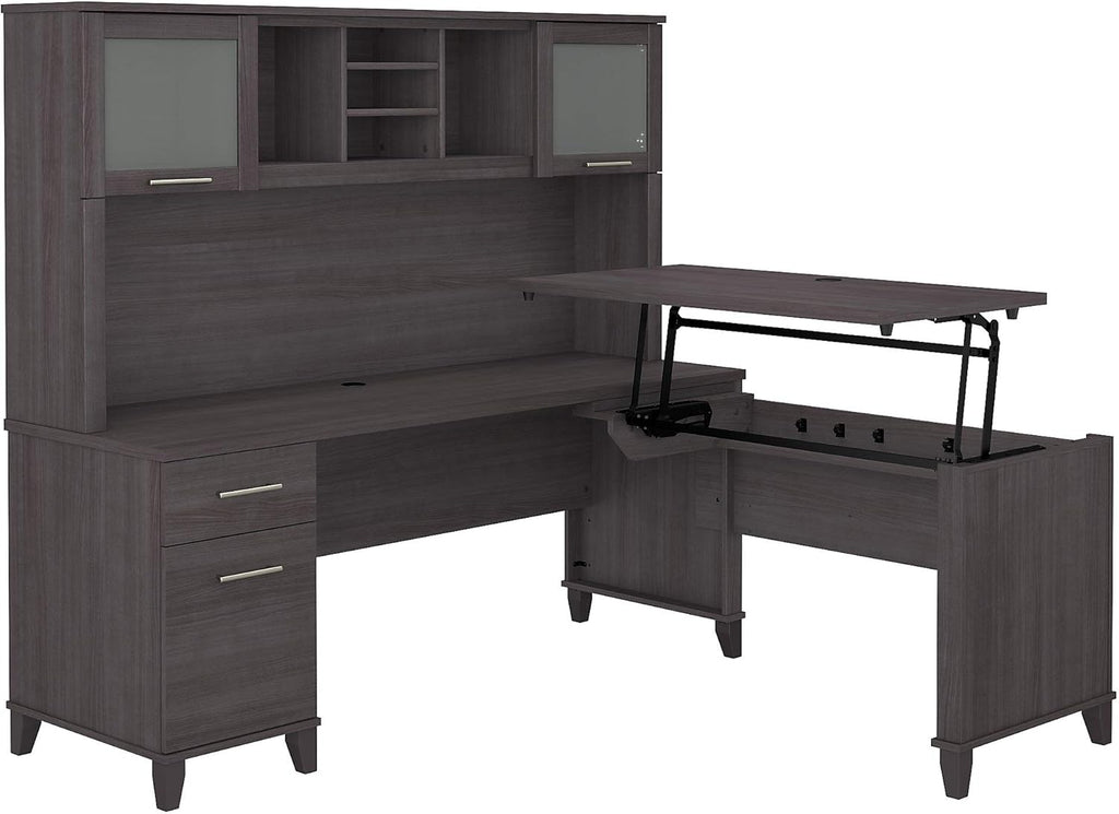 Sit to Stand L Shaped Desk with Hutch in Sand Oak K42337