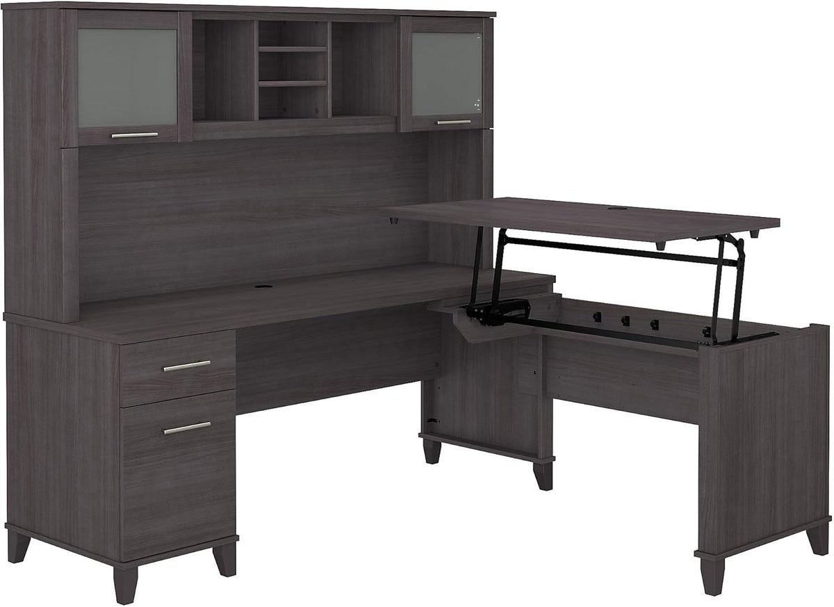 Sit to Stand L Shaped Desk with Hutch in Sand Oak K42337