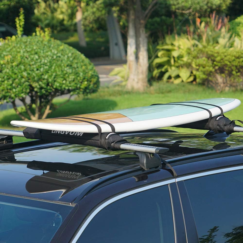 Soft Roof Rack Pads with Two 15 Ft Straps - 28” Car Carrier Racks for Kayak, Surfboard, SUP Paddleboard, Snowboard, Black Pack of 2 W778