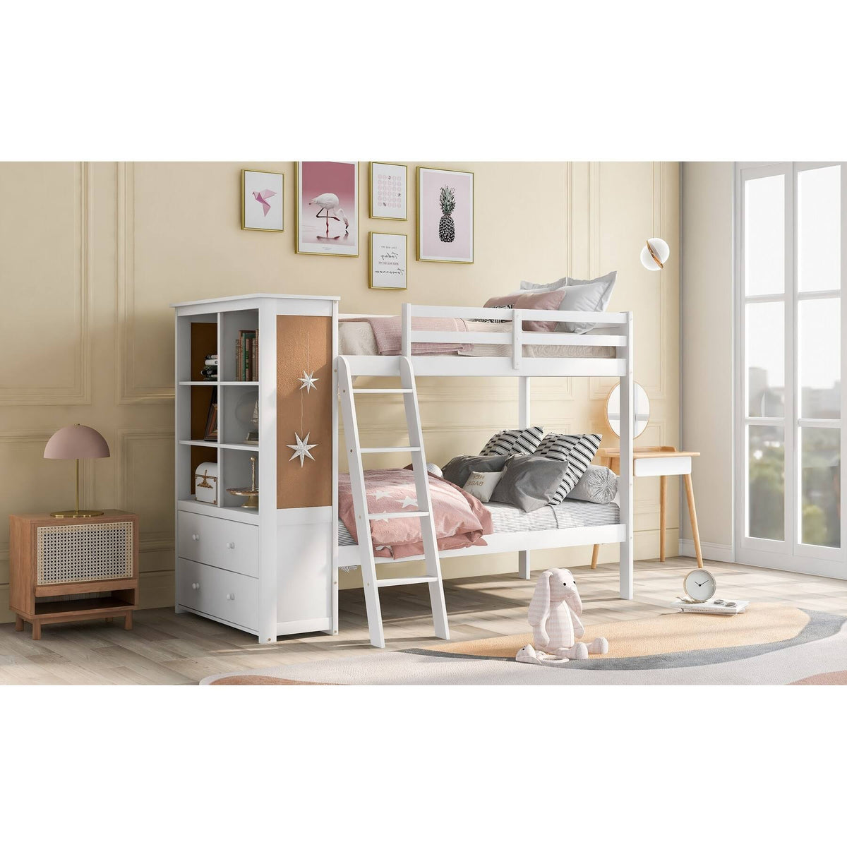White Twin Over Twin Bunk Bed with Bookcase and 2 Drawers N794