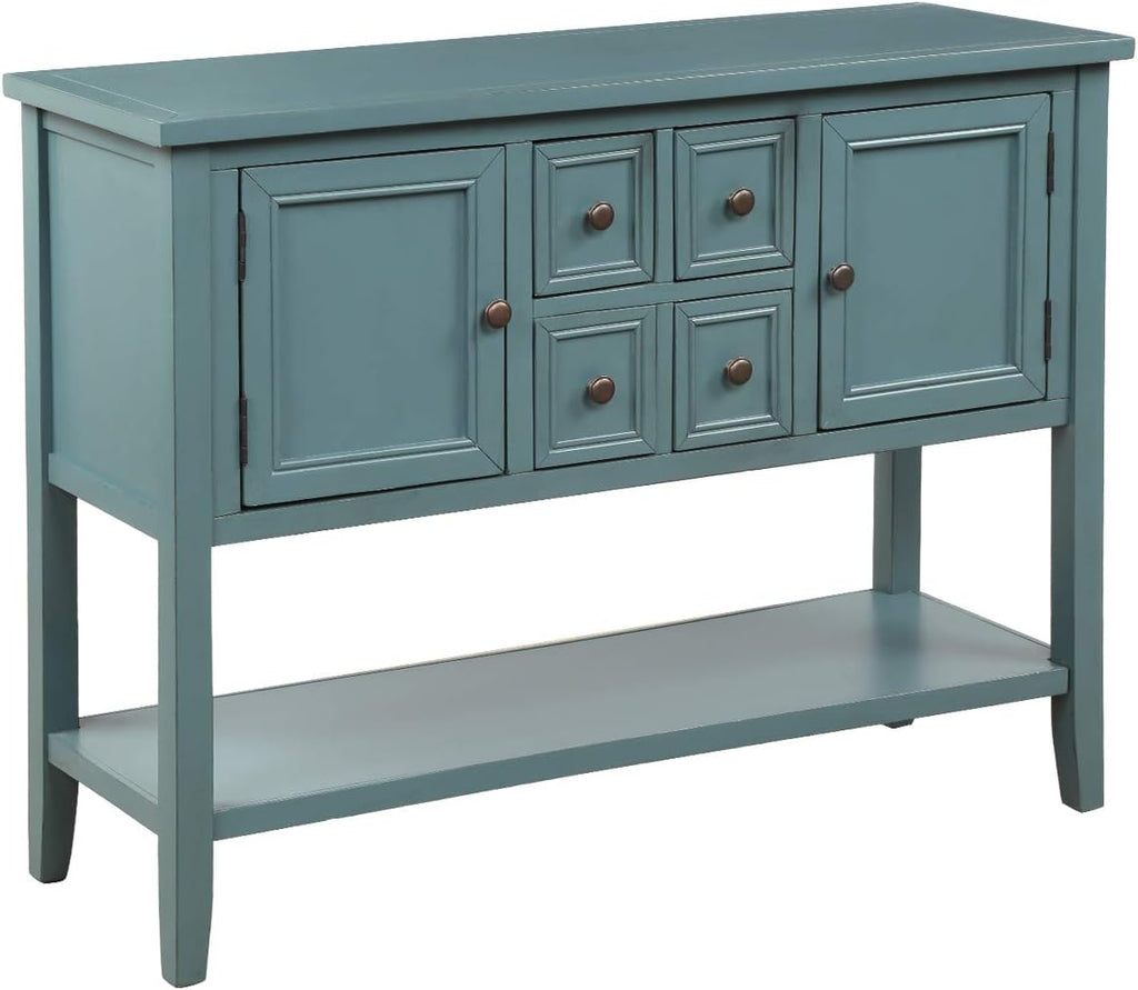 Retro Wood Console Table with 4 Storage Drawers, 2 Cabinets & Bottom Shelf, Antique Gray T719558