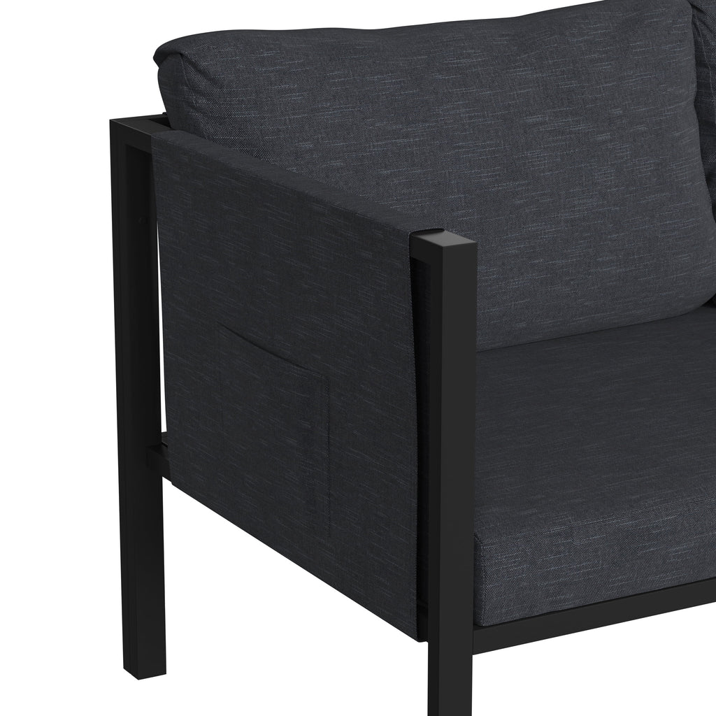Black Steel Framed Patio Loveseat with Charcoal Cushions and 2 Storage Pockets L667895