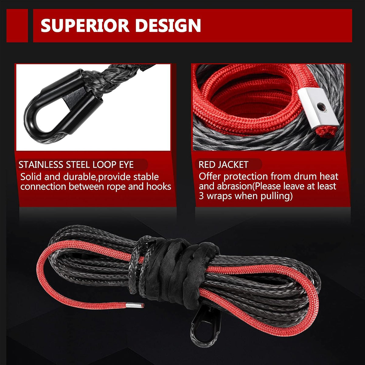 Synthetic Winch Rope 3/8 x 85', 25000 lbs with Protective Sleeve, Black Z7829