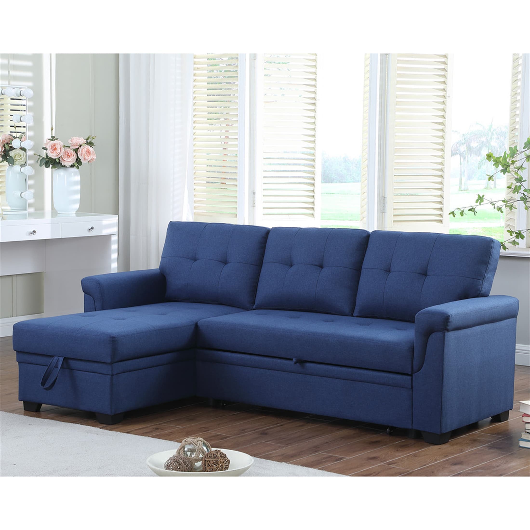 Blue Linen Reversible Sleeper Sectional Sofa with Storage Chaise U6549
