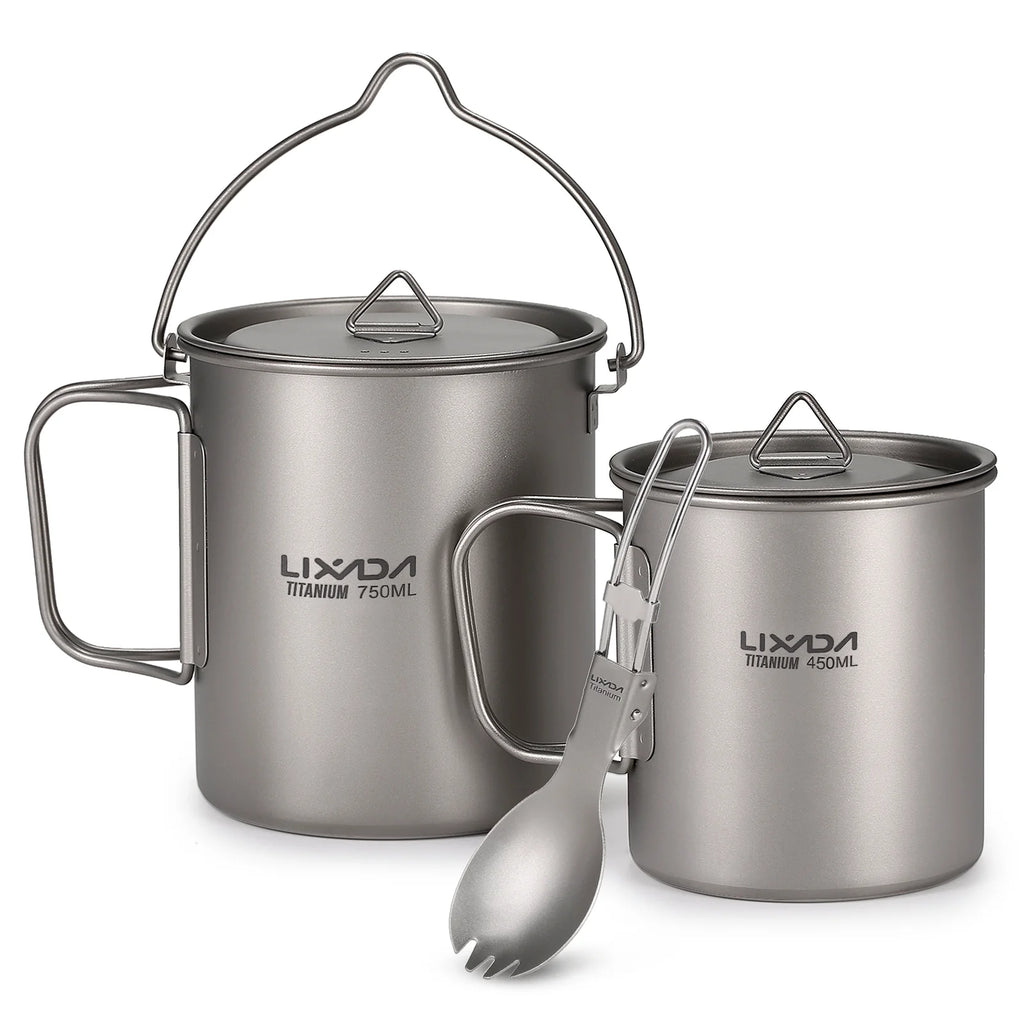 Titanium Outdoor Set with 750ml Pot, 450ml Cup, and Folding Spork G923
