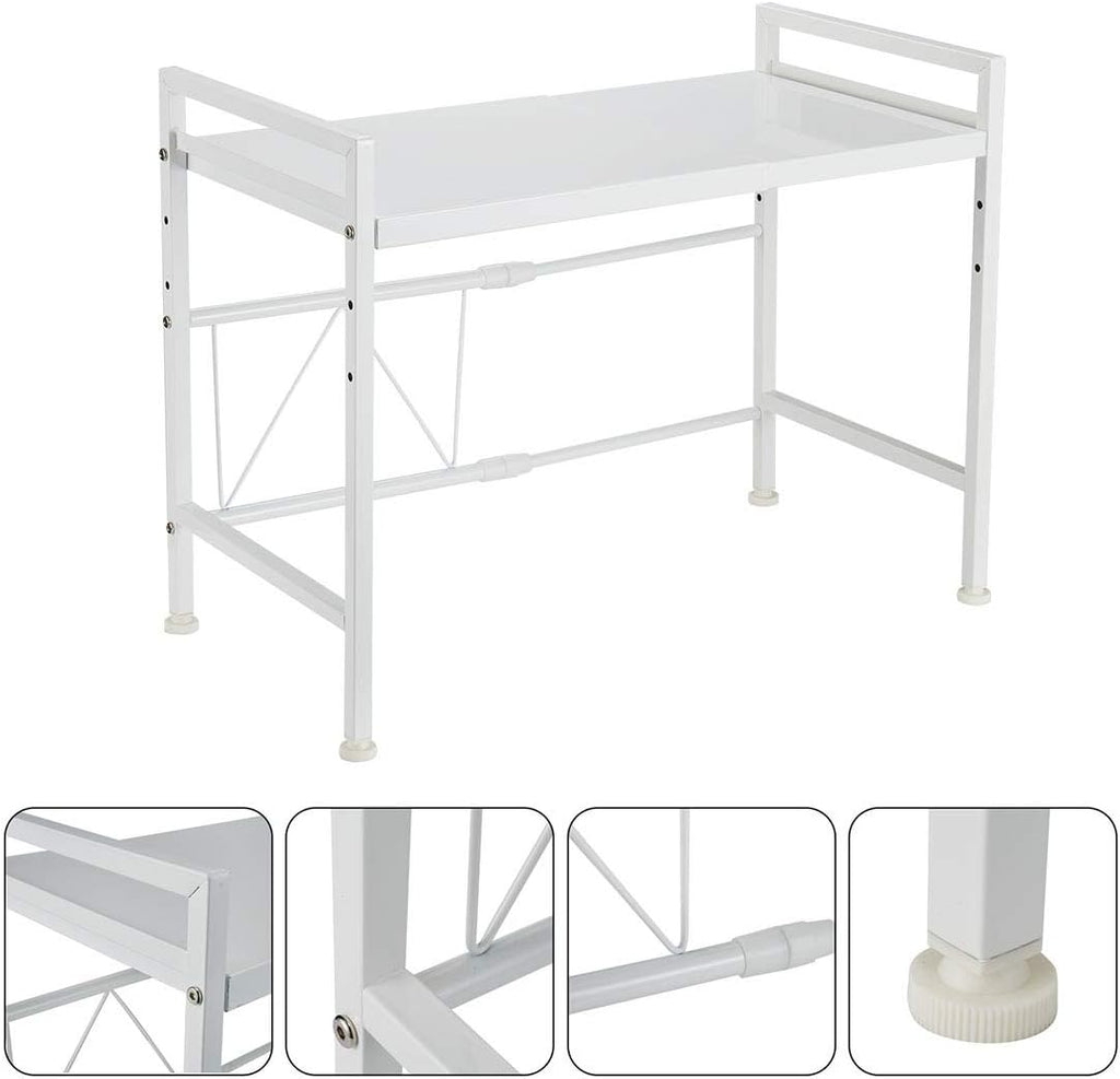 Expandable White Microwave Oven Rack Shelf Storage Stand, 2 Tiers with 3 Hooks J283402