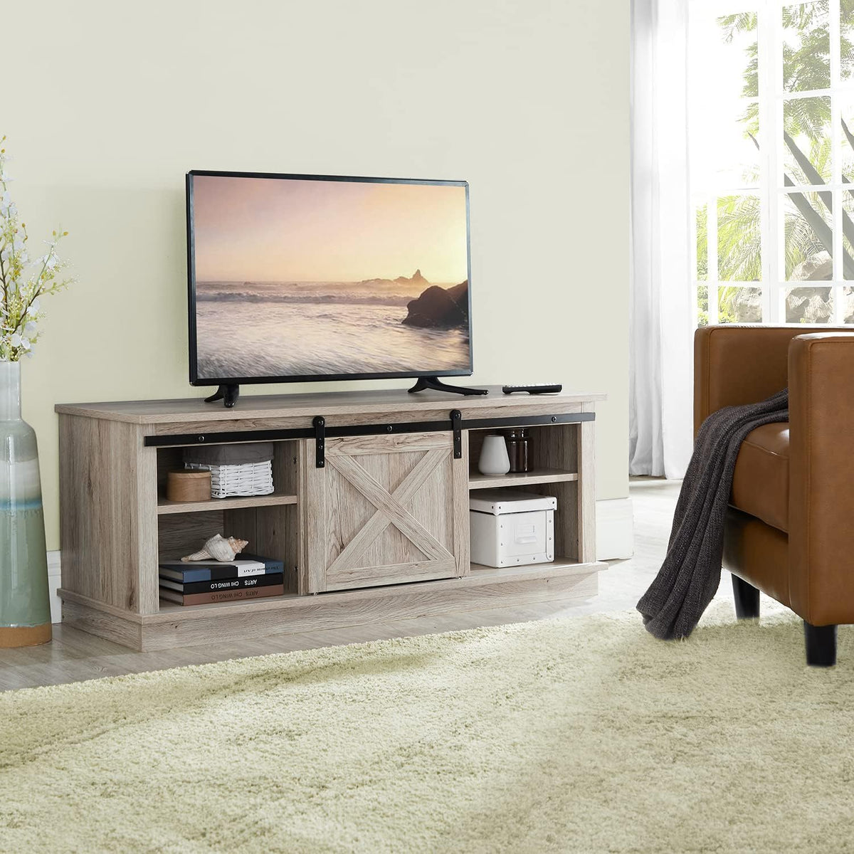 Natural Sliding Barn Door TV Stand with Storage Cabinet and Shelves H65799