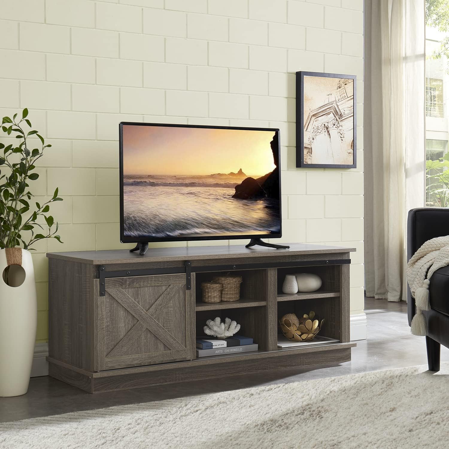 Natural Sliding Barn Door TV Stand with Storage Cabinet and Shelves H65799