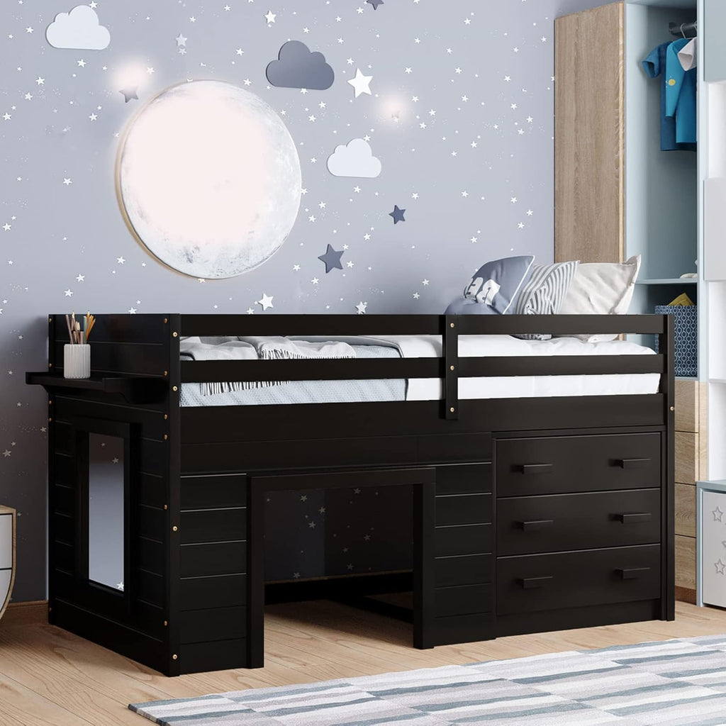 White Wood Twin Size Loft Bed with Storage Cabinet and Shelf U74694