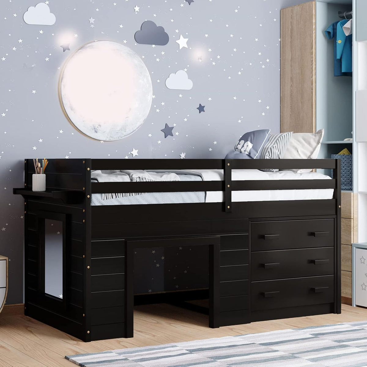 White Wood Twin Size Loft Bed with Storage Cabinet and Shelf U74694
