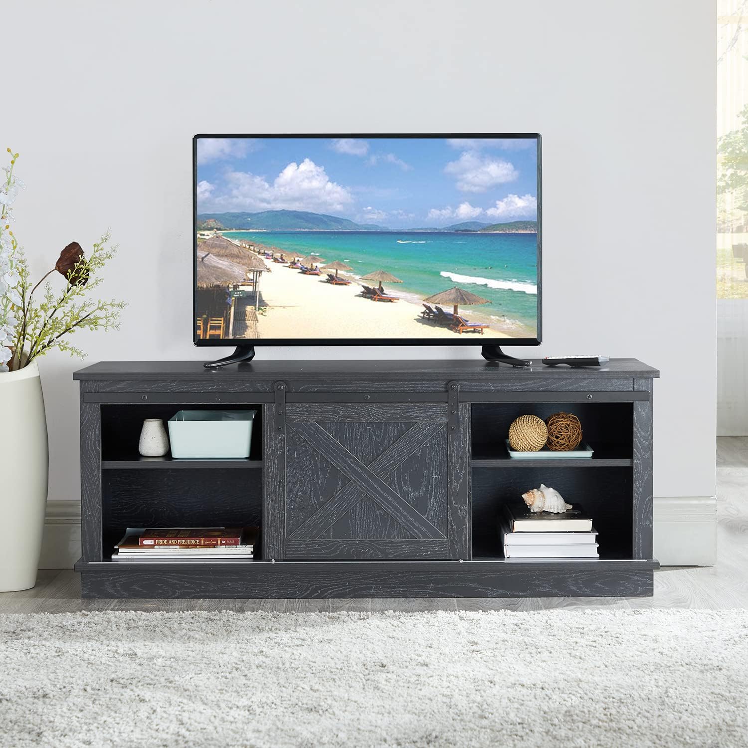 Natural Sliding Barn Door TV Stand with Storage Cabinet and Shelves H65799