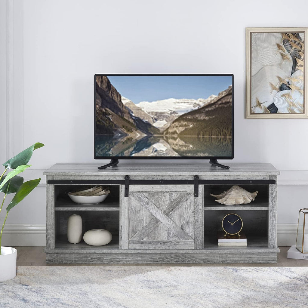 Natural Sliding Barn Door TV Stand with Storage Cabinet and Shelves H65799