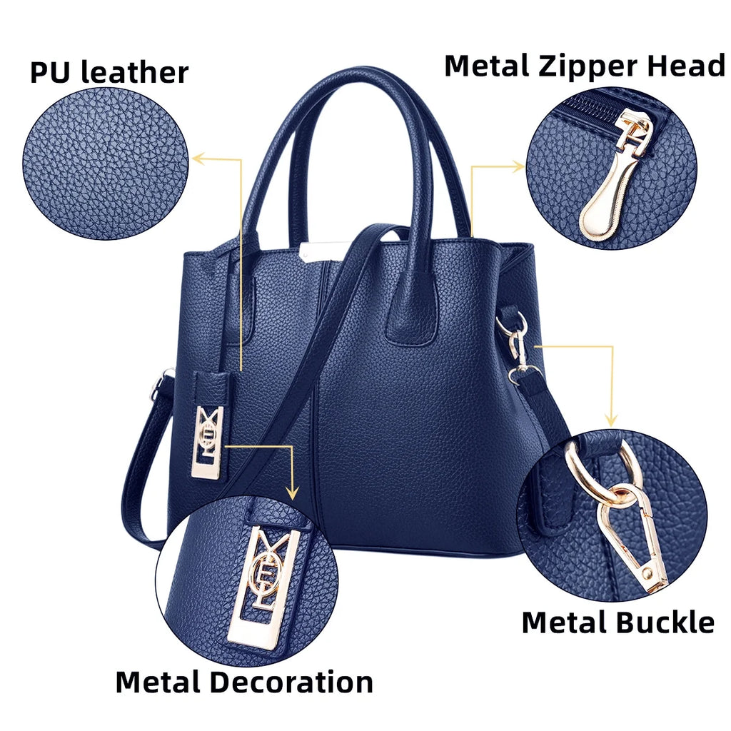 Blue Leather Tote Bag with Shoulder Q8686